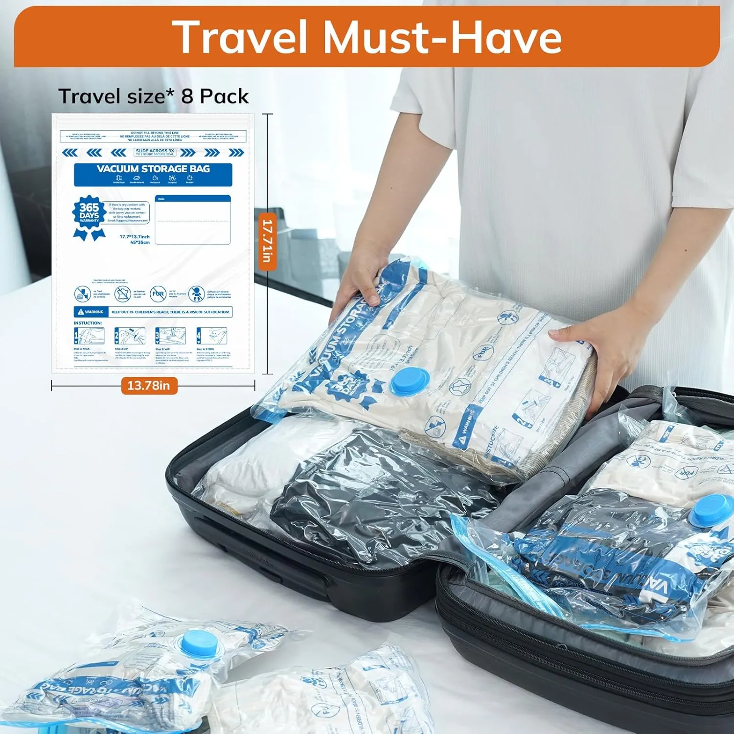 Vacuum Storage Bag Set with Cordless Electric Air Pump, 8 Pack(17.7 * 13.8 in) Double Zip Seal Space Saver Bag, Vacuum Sealer Bags for Travel and Outdoor Storage