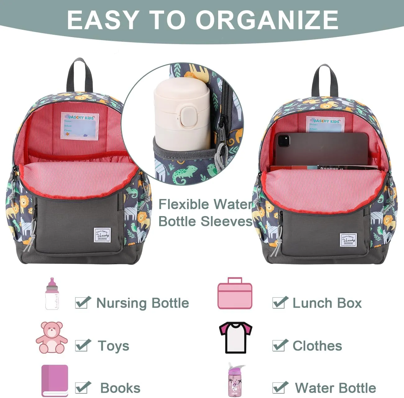 VASCHY Kids backpacks, Cute Lightweight Water Resistant Preschool Backpack for Boys and Girls Chest Strap