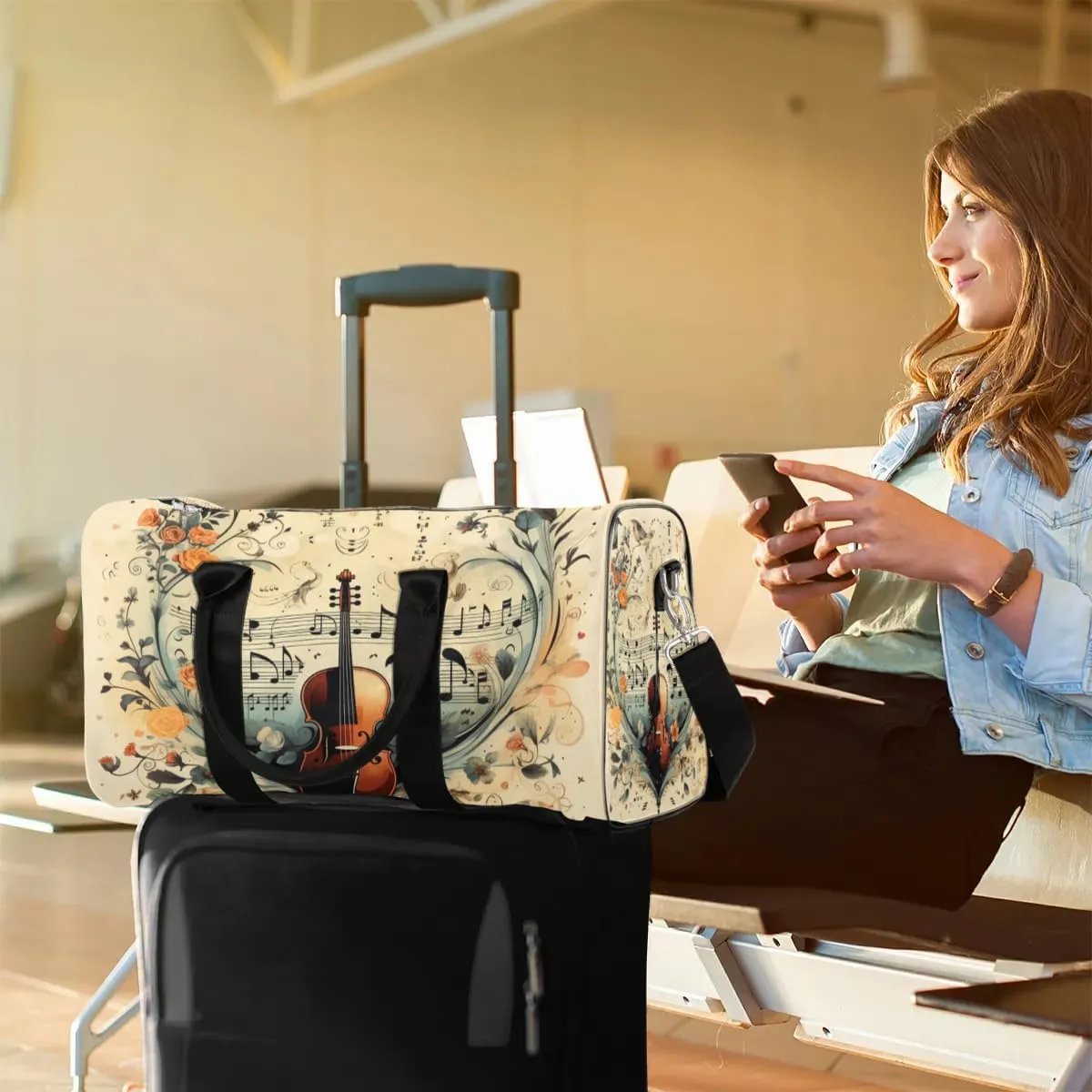 Vintage Guitar Travel Duffel Bag for Women Men Waterproof Foldable Overnight Weekender Bag Large Capacity Sports Gym Bag