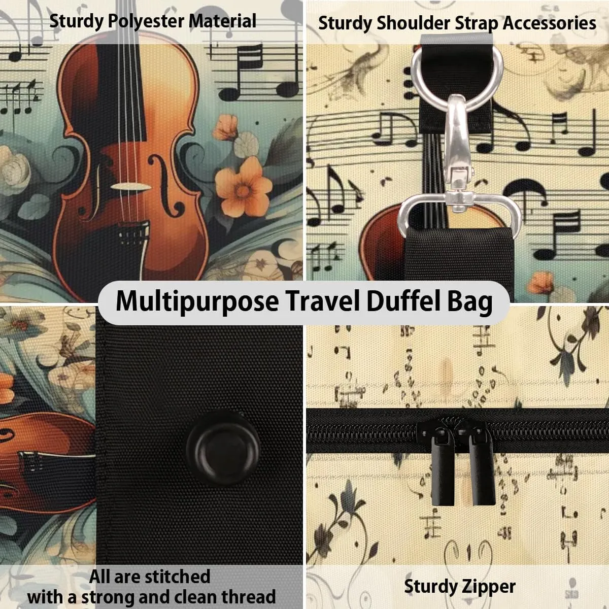 Vintage Guitar Travel Duffel Bag for Women Men Waterproof Foldable Overnight Weekender Bag Large Capacity Sports Gym Bag
