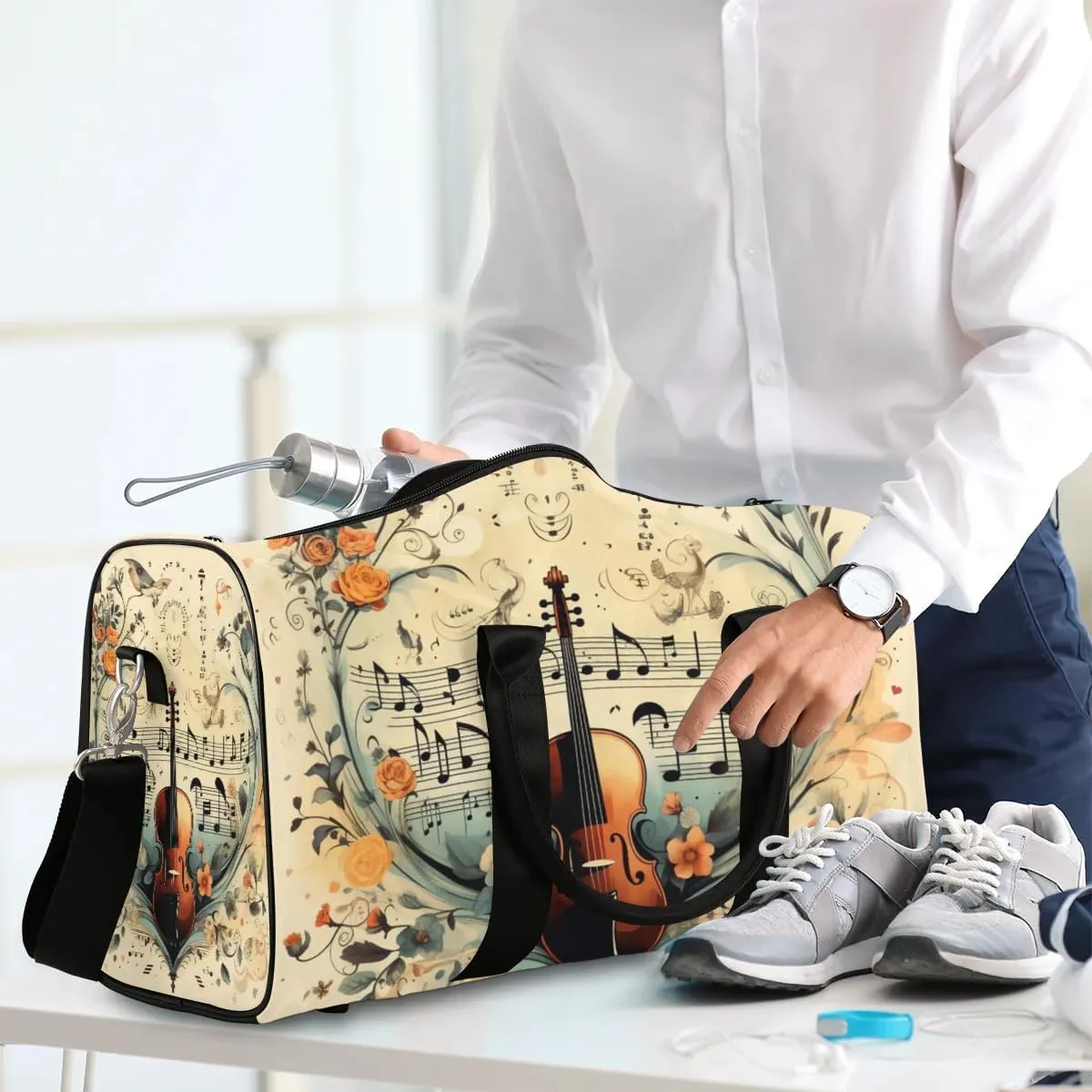 Vintage Guitar Travel Duffel Bag for Women Men Waterproof Foldable Overnight Weekender Bag Large Capacity Sports Gym Bag