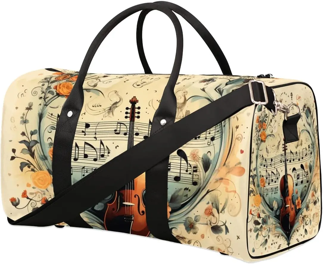Vintage Guitar Travel Duffel Bag for Women Men Waterproof Foldable Overnight Weekender Bag Large Capacity Sports Gym Bag