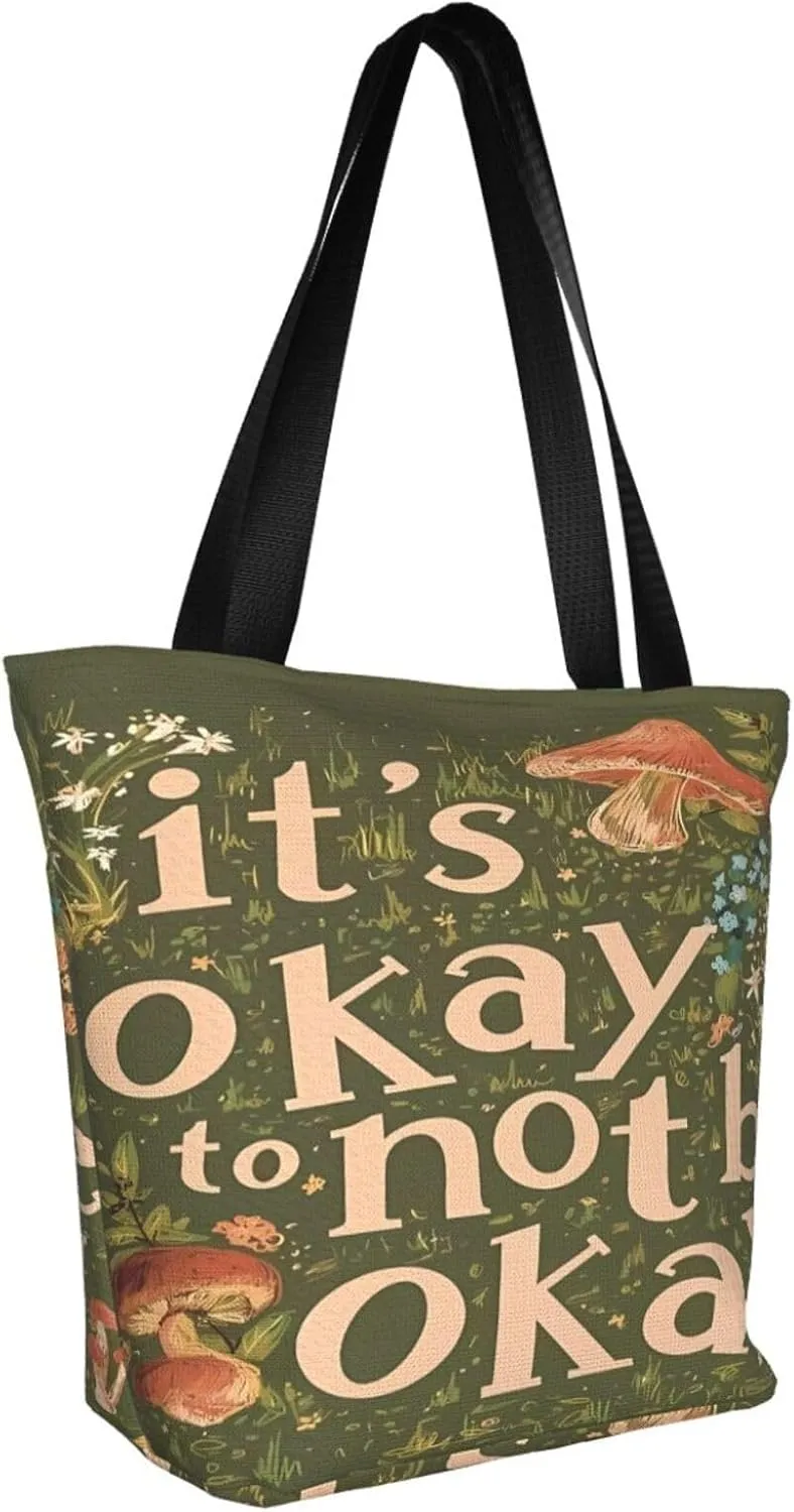 Vintage Mushrooms It's Okay to Not Be Okay Women's Tote Bag Lightweight Shopping Handbag Travel Shoulder Bag