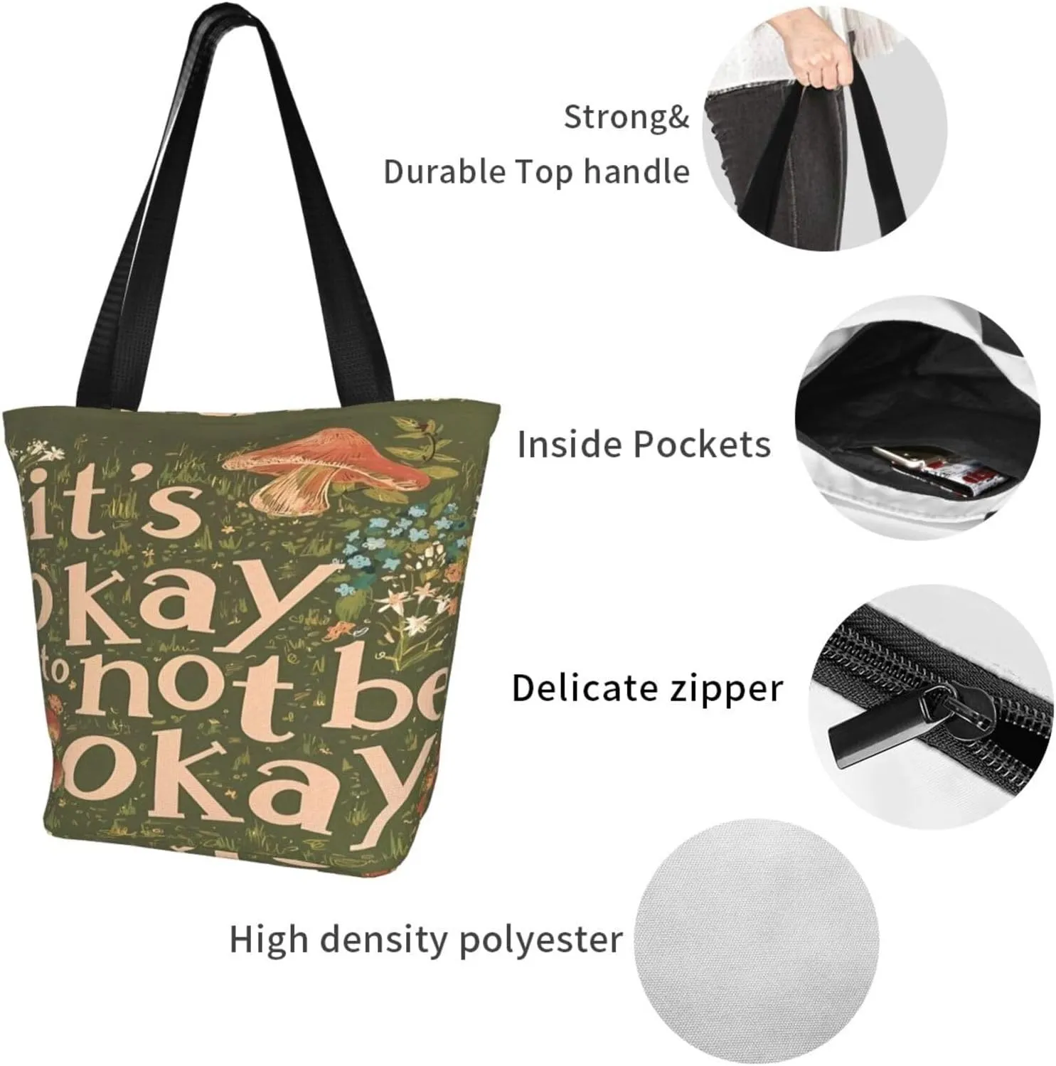 Vintage Mushrooms It's Okay to Not Be Okay Women's Tote Bag Lightweight Shopping Handbag Travel Shoulder Bag