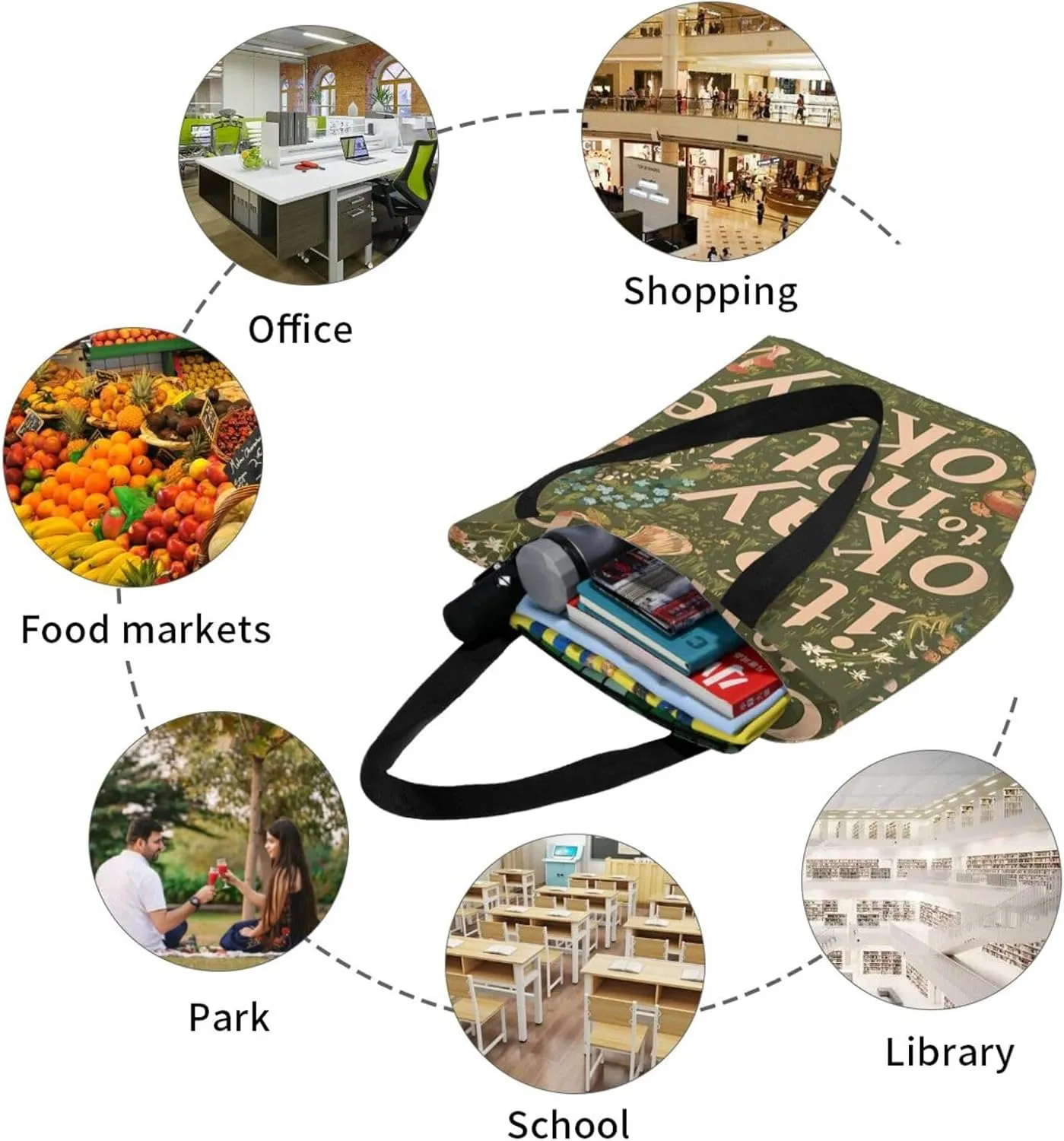 Vintage Mushrooms It's Okay to Not Be Okay Women's Tote Bag Lightweight Shopping Handbag Travel Shoulder Bag