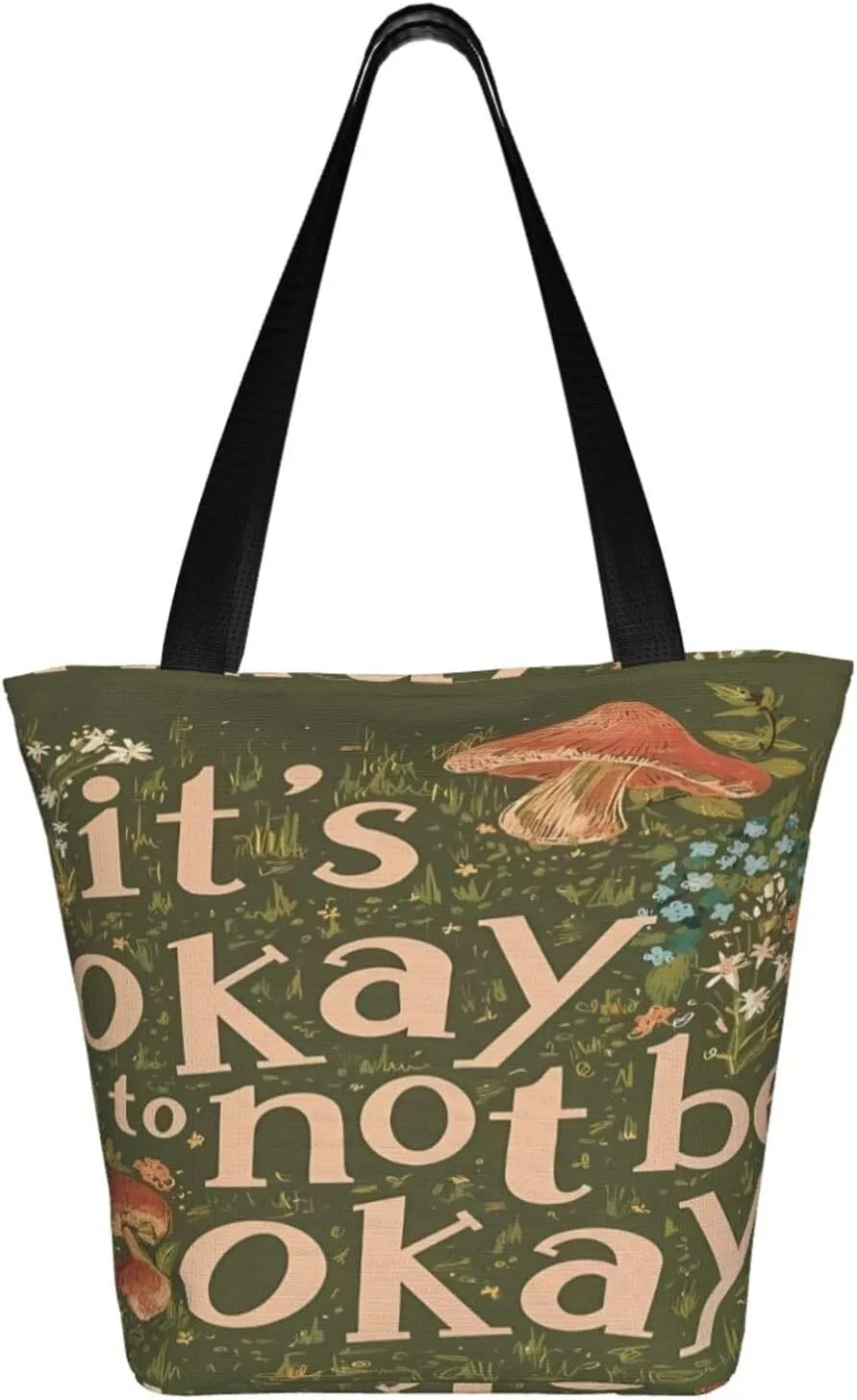Vintage Mushrooms It's Okay to Not Be Okay Women's Tote Bag Lightweight Shopping Handbag Travel Shoulder Bag