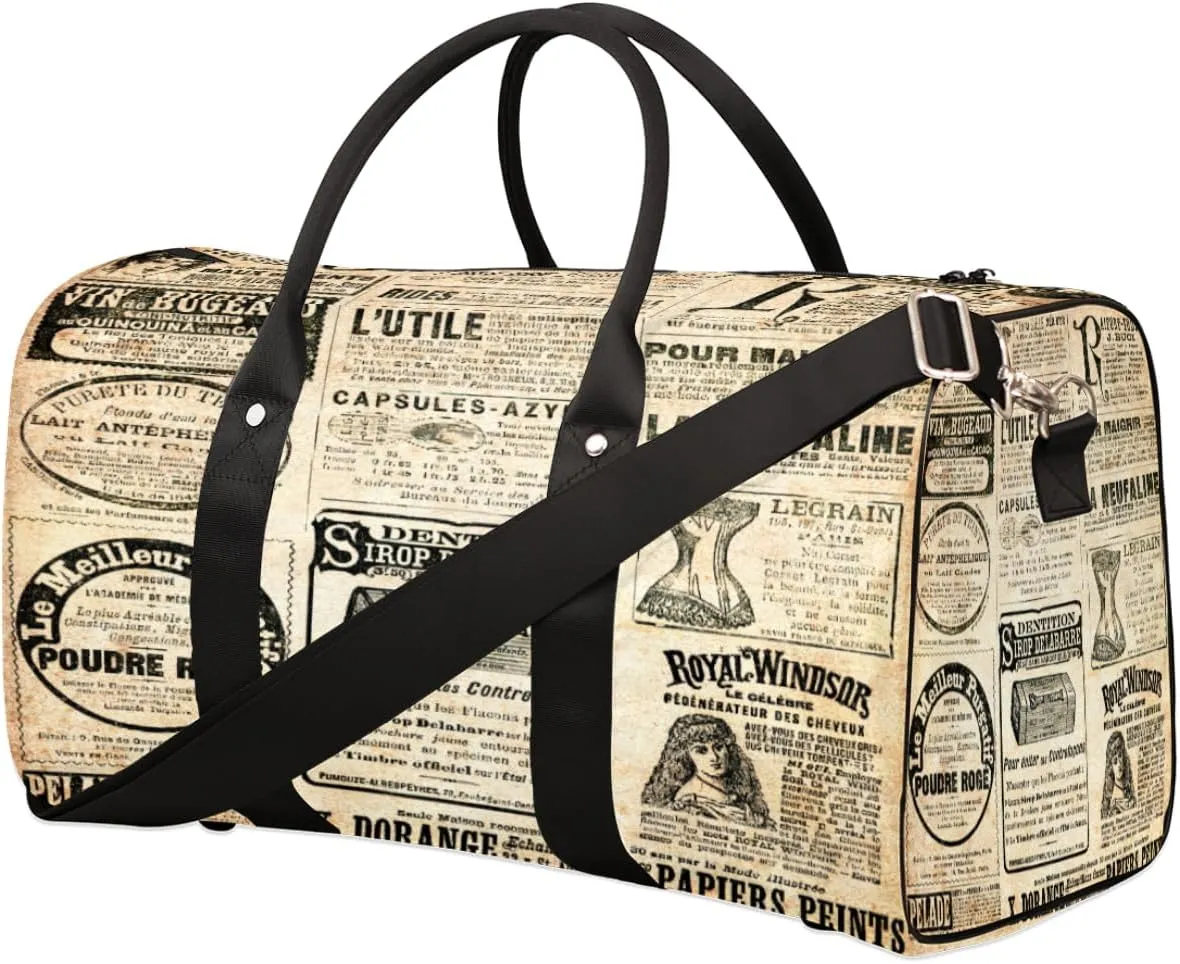 Vintage Newspaper Travel Duffel Bag, Foldable Sport Gym Tote Bag, Waterproof Weekender Overnight Bag with Shoulder Strap, Carry On Luggage Handbag for Men and Women