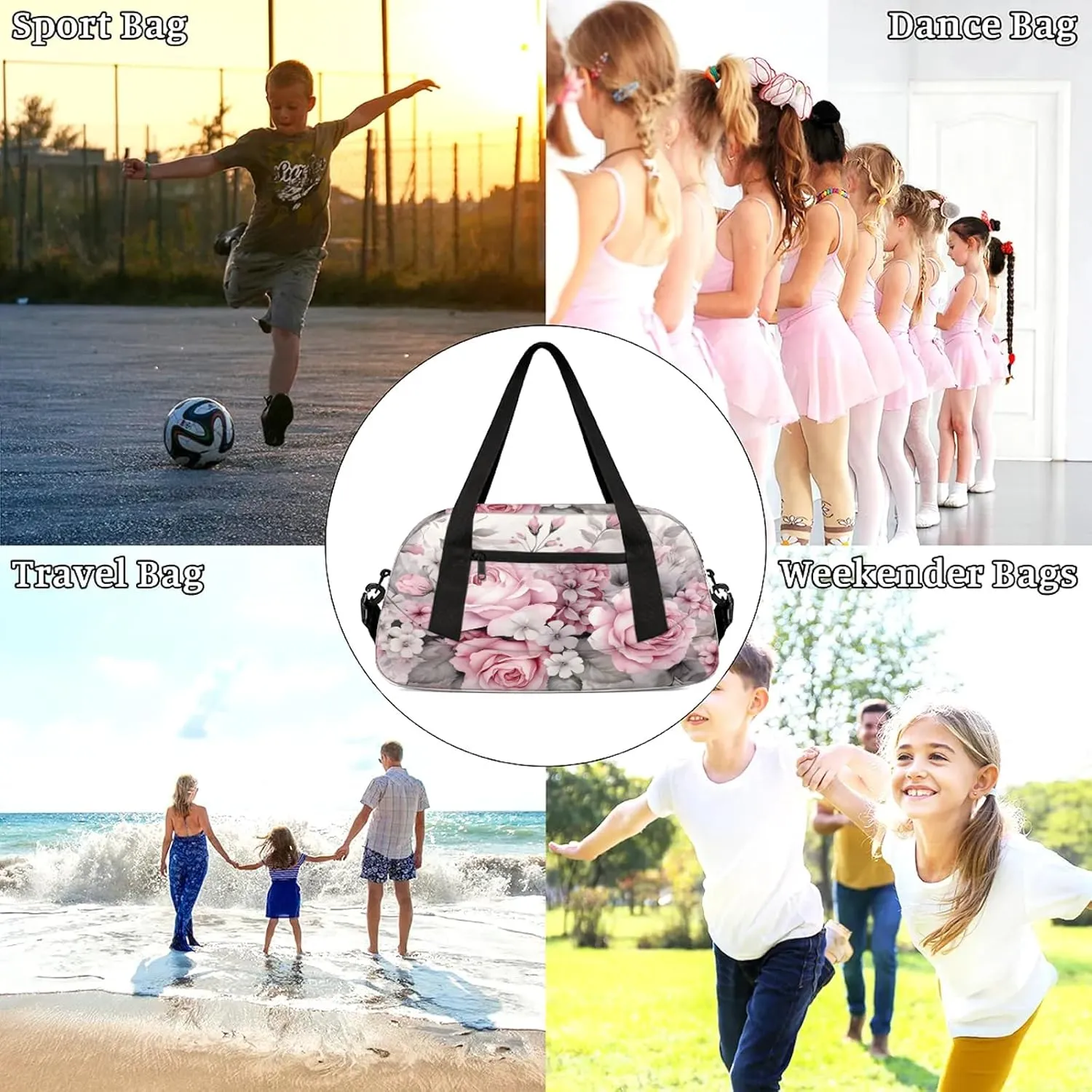 Vintage Pink Rose Kids Duffel Bag Lightweight Waterproof Sports Gym Bag with Front Zipper Pocket Foldable Weekender Overnight Bag for School Practice Gymnastic Ballet