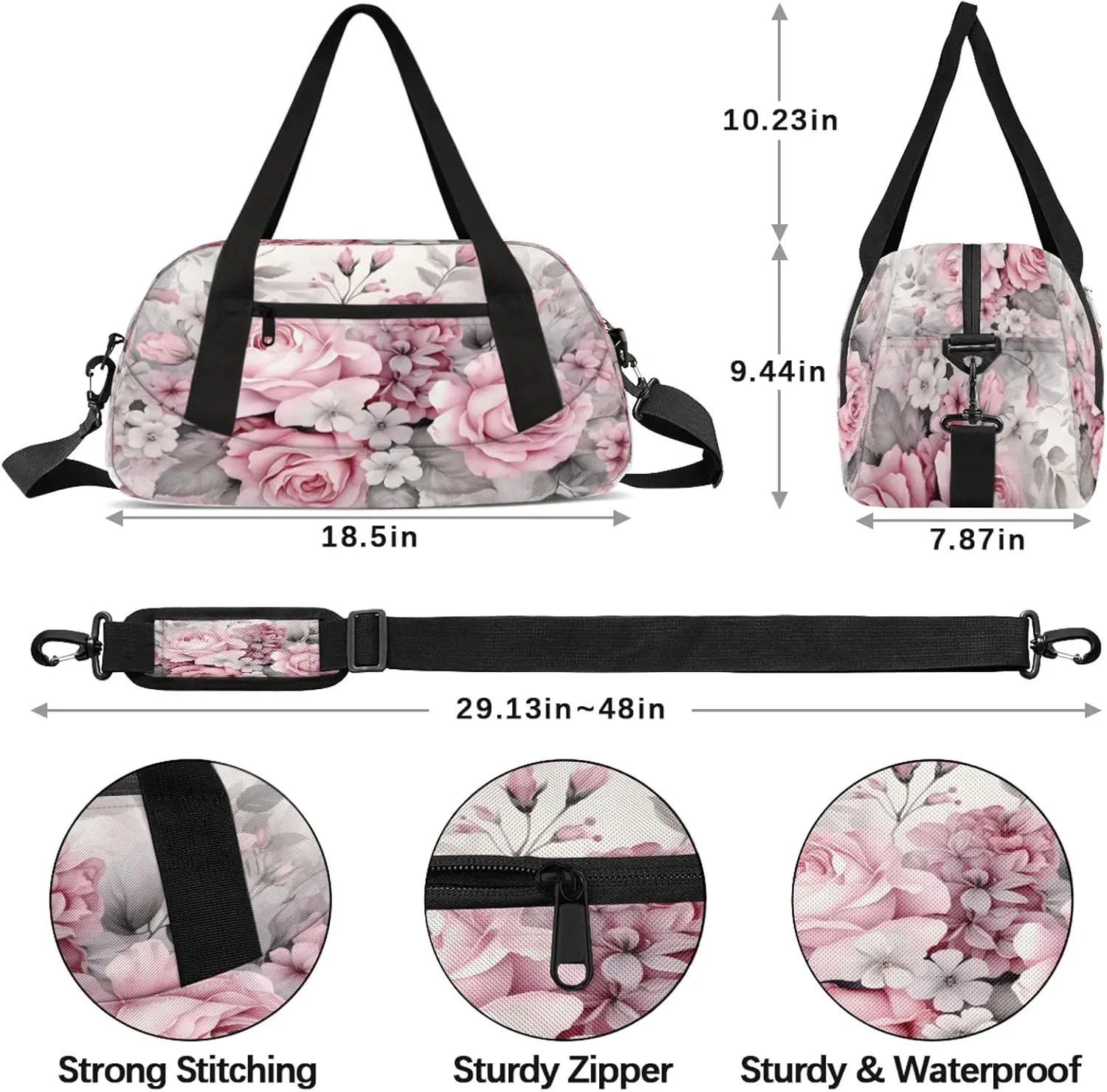 Vintage Pink Rose Kids Duffel Bag Lightweight Waterproof Sports Gym Bag with Front Zipper Pocket Foldable Weekender Overnight Bag for School Practice Gymnastic Ballet