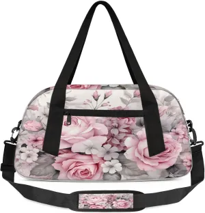Vintage Pink Rose Kids Duffel Bag Lightweight Waterproof Sports Gym Bag with Front Zipper Pocket Foldable Weekender Overnight Bag for School Practice Gymnastic Ballet