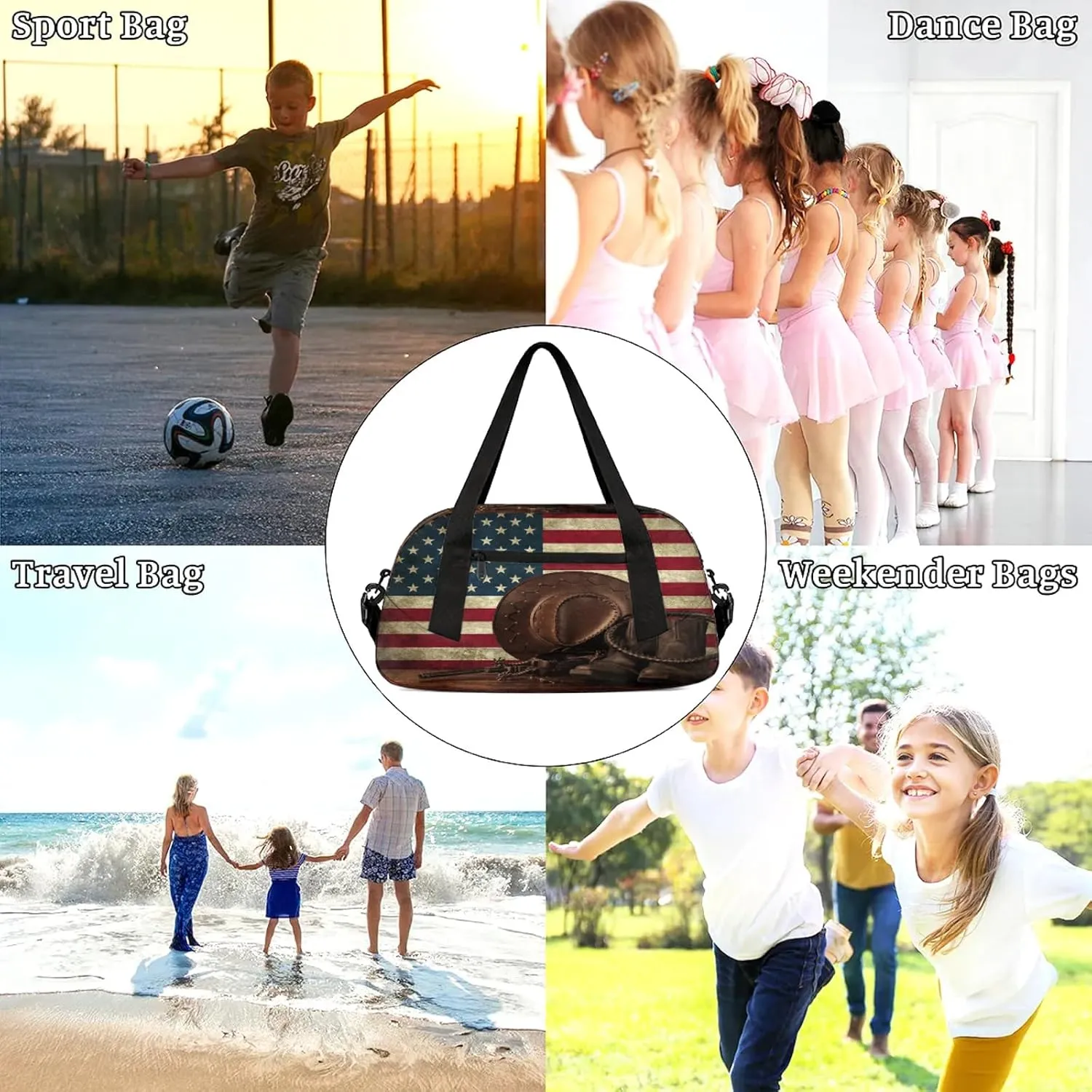 Vintage Usa Flag Kids Duffel Bag Lightweight Waterproof Sports Gym Bag with Front Zipper Pocket Foldable Weekender Overnight Bag for School Practice Gymnastic Ballet