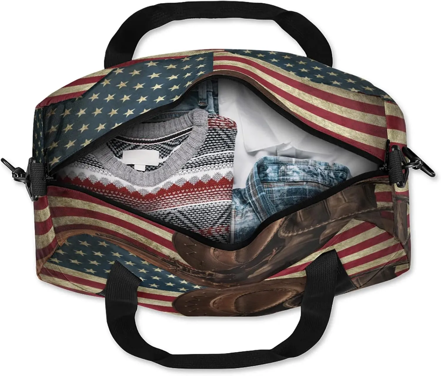Vintage Usa Flag Kids Duffel Bag Lightweight Waterproof Sports Gym Bag with Front Zipper Pocket Foldable Weekender Overnight Bag for School Practice Gymnastic Ballet