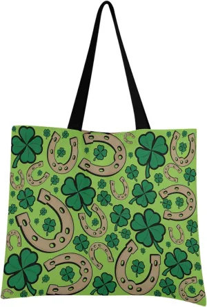 visesunny Women Extra Large Tote Bag Green Lucky Horseshoe Four Leaf Clover Shoulder Bags Ladies Beach Travel Reusable Grocery Shopping Portable Storage Handbag