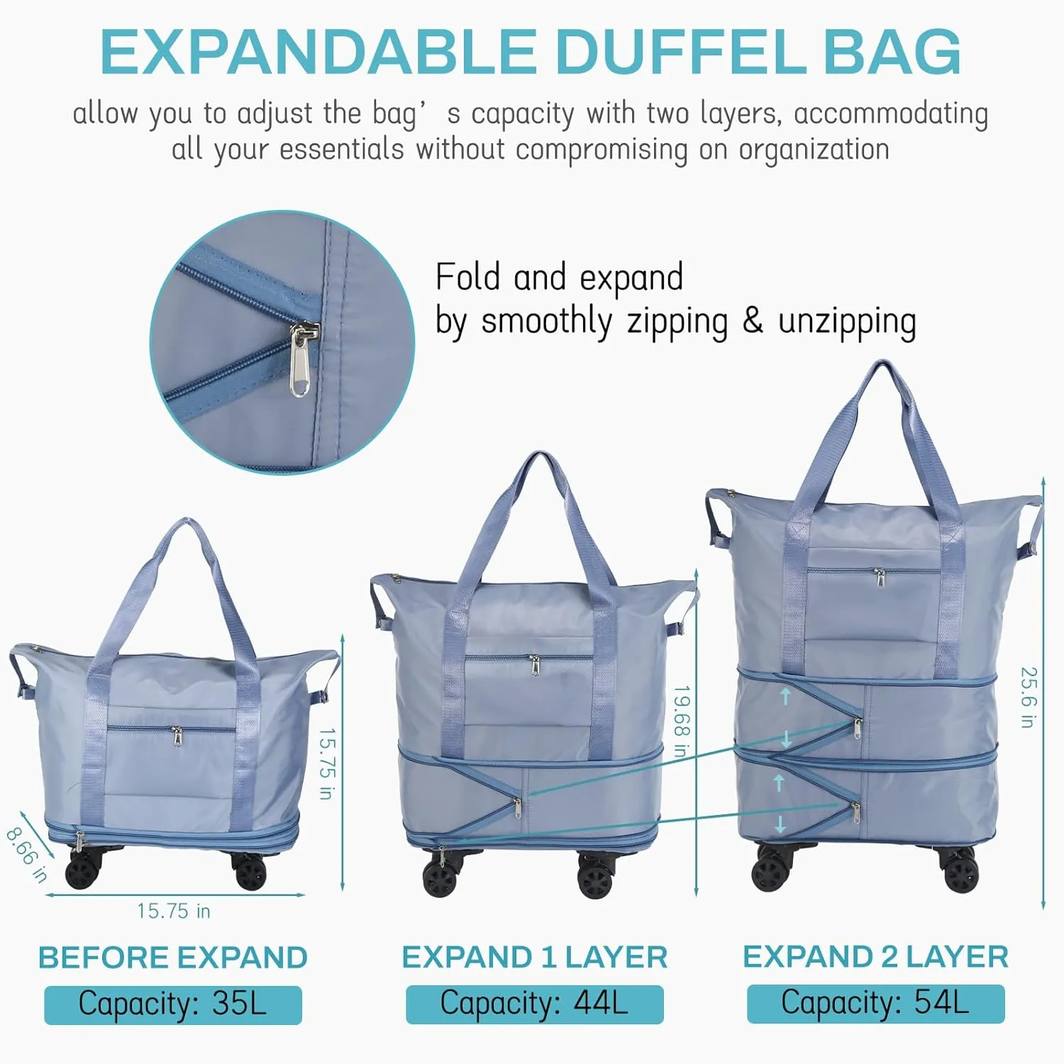 VOOWO Rolling Duffle Bag with Wheels, Expandable Foldable Duffel Bag with Wheels for Travel, Rolling Luggage Carry on Duffel Bag, Wheeled Travel Duffle Bag, Large Weekend Bag for Women & Men