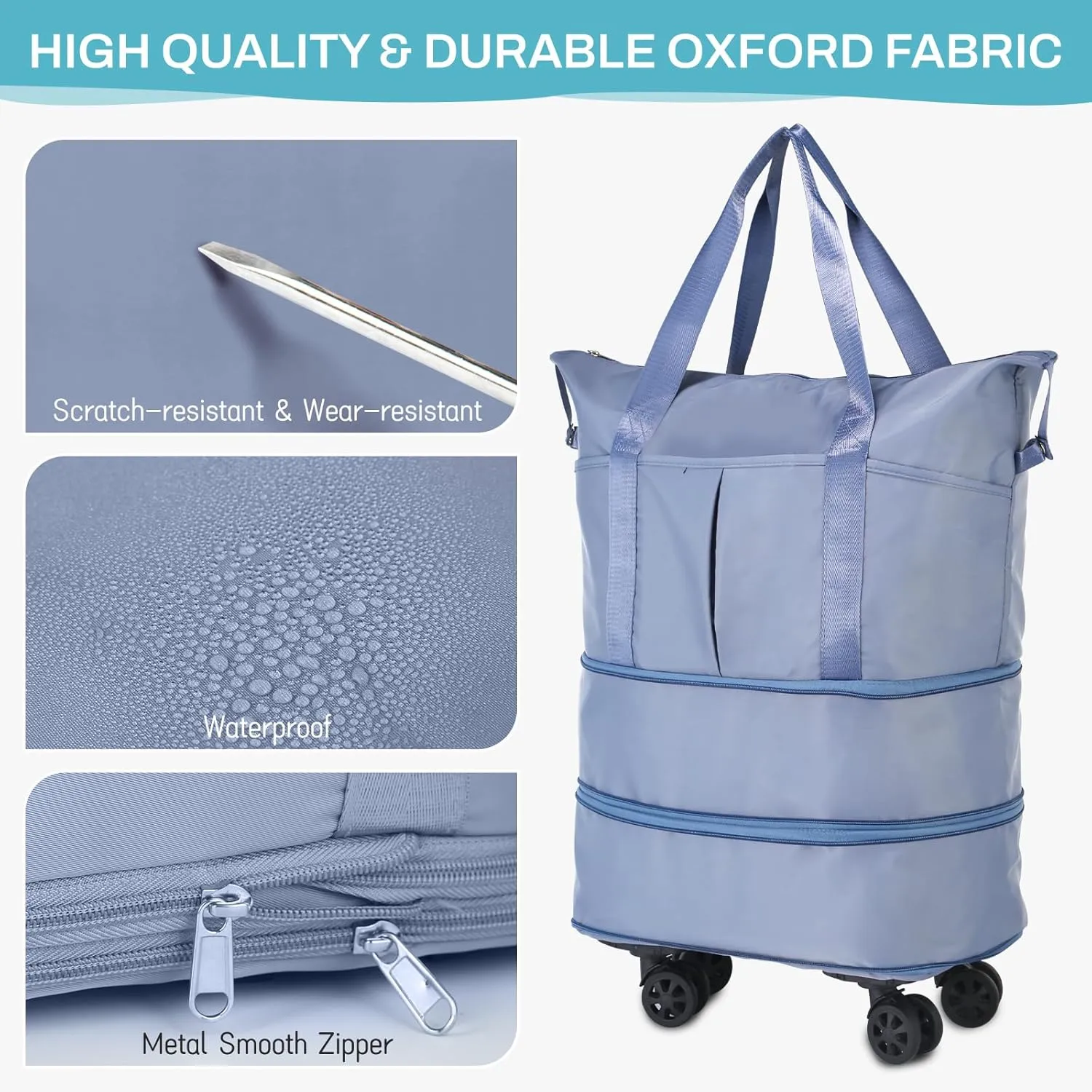 VOOWO Rolling Duffle Bag with Wheels, Expandable Foldable Duffel Bag with Wheels for Travel, Rolling Luggage Carry on Duffel Bag, Wheeled Travel Duffle Bag, Large Weekend Bag for Women & Men