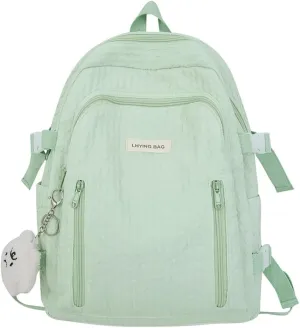 Wave Crease Kawaii Backpack with Cute Accessories Travel Backpacks Lightweight Solid Color Bags 16 Inch Daypack (Green)