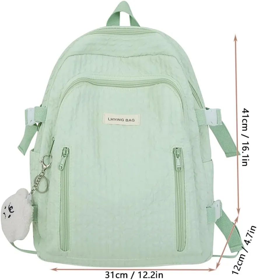 Wave Crease Kawaii Backpack with Cute Accessories Travel Backpacks Lightweight Solid Color Bags 16 Inch Daypack (Green)