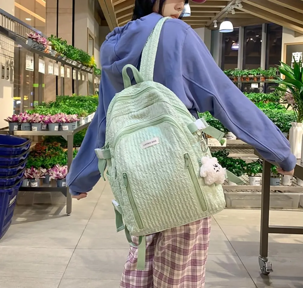 Wave Crease Kawaii Backpack with Cute Accessories Travel Backpacks Lightweight Solid Color Bags 16 Inch Daypack (Green)