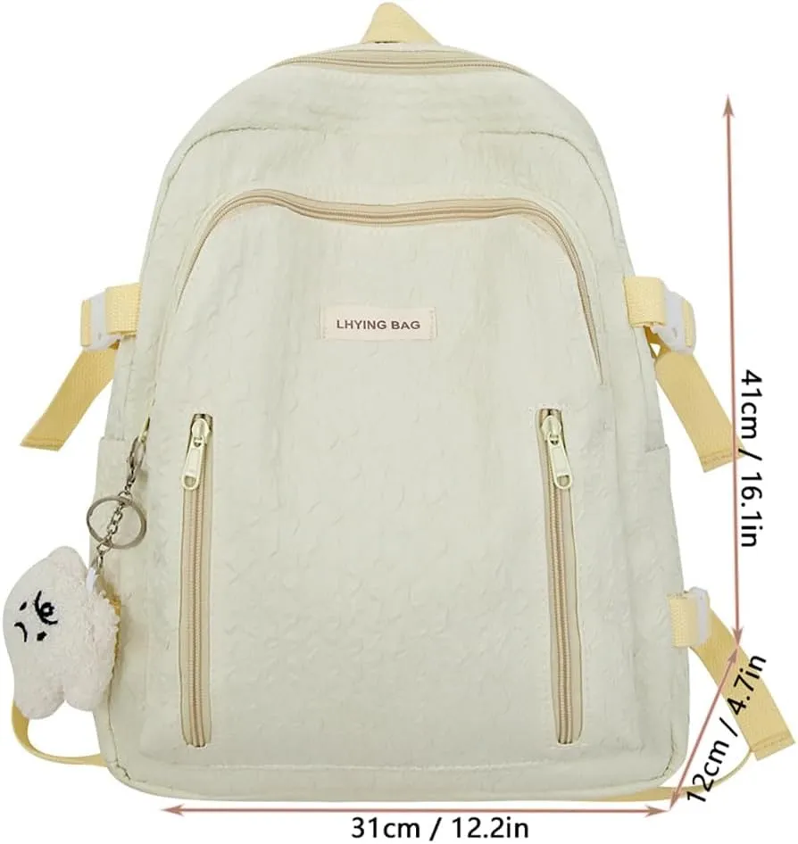 Wave Crease Kawaii Backpack with Cute Accessories Travel Backpacks Lightweight Solid Color Bags 16 Inch Daypack (Yellow)