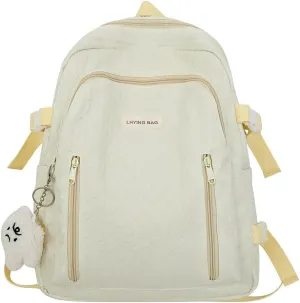 Wave Crease Kawaii Backpack with Cute Accessories Travel Backpacks Lightweight Solid Color Bags 16 Inch Daypack (Yellow)