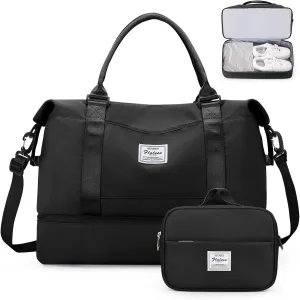 Weekender Bags for Women,Overnight Travel Duffel Bag with Shoes Compartment& Toiletry Bag,Extra Large(Black)