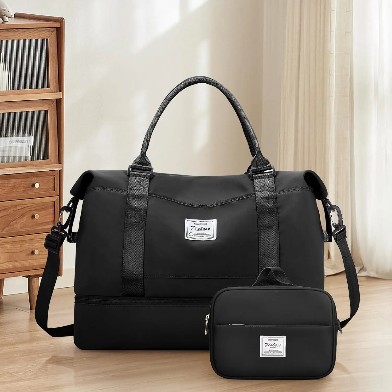 Weekender Bags for Women,Overnight Travel Duffel Bag with Shoes Compartment& Toiletry Bag,Extra Large(Black)