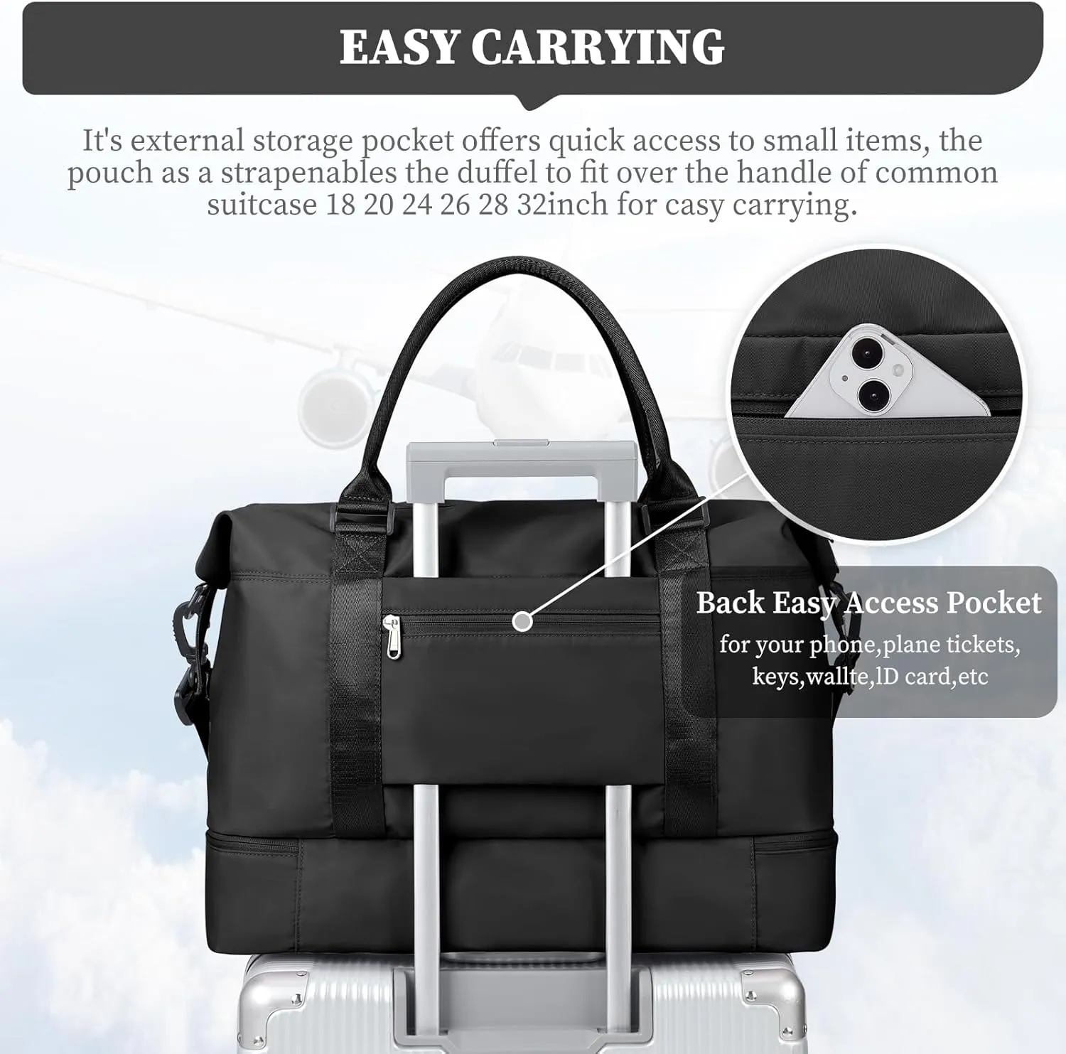 Weekender Bags for Women,Overnight Travel Duffel Bag with Shoes Compartment& Toiletry Bag,Extra Large(Black)