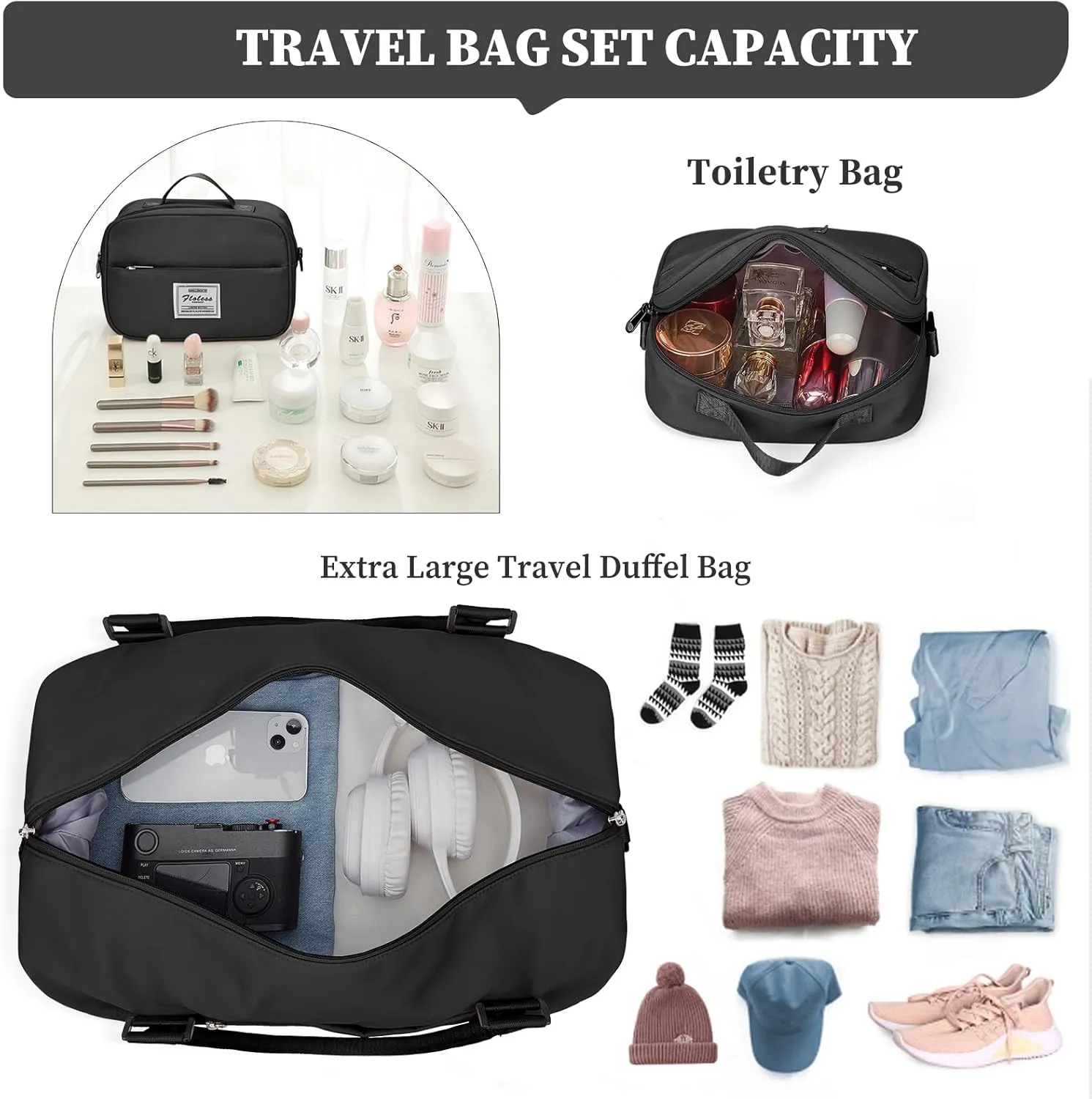 Weekender Bags for Women,Overnight Travel Duffel Bag with Shoes Compartment& Toiletry Bag,Extra Large(Black)