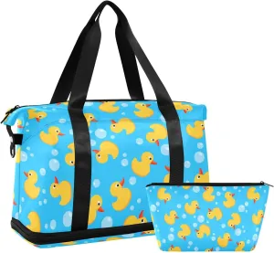 Weekender Overnight Bags for Women Yellow Rubber Duck Travel Duffel Bag with Shoe Compartments Bath Soap Bubbles Gym Duffel Bag with Toiletry Bag for Travel Sport Yoga 17 Inch