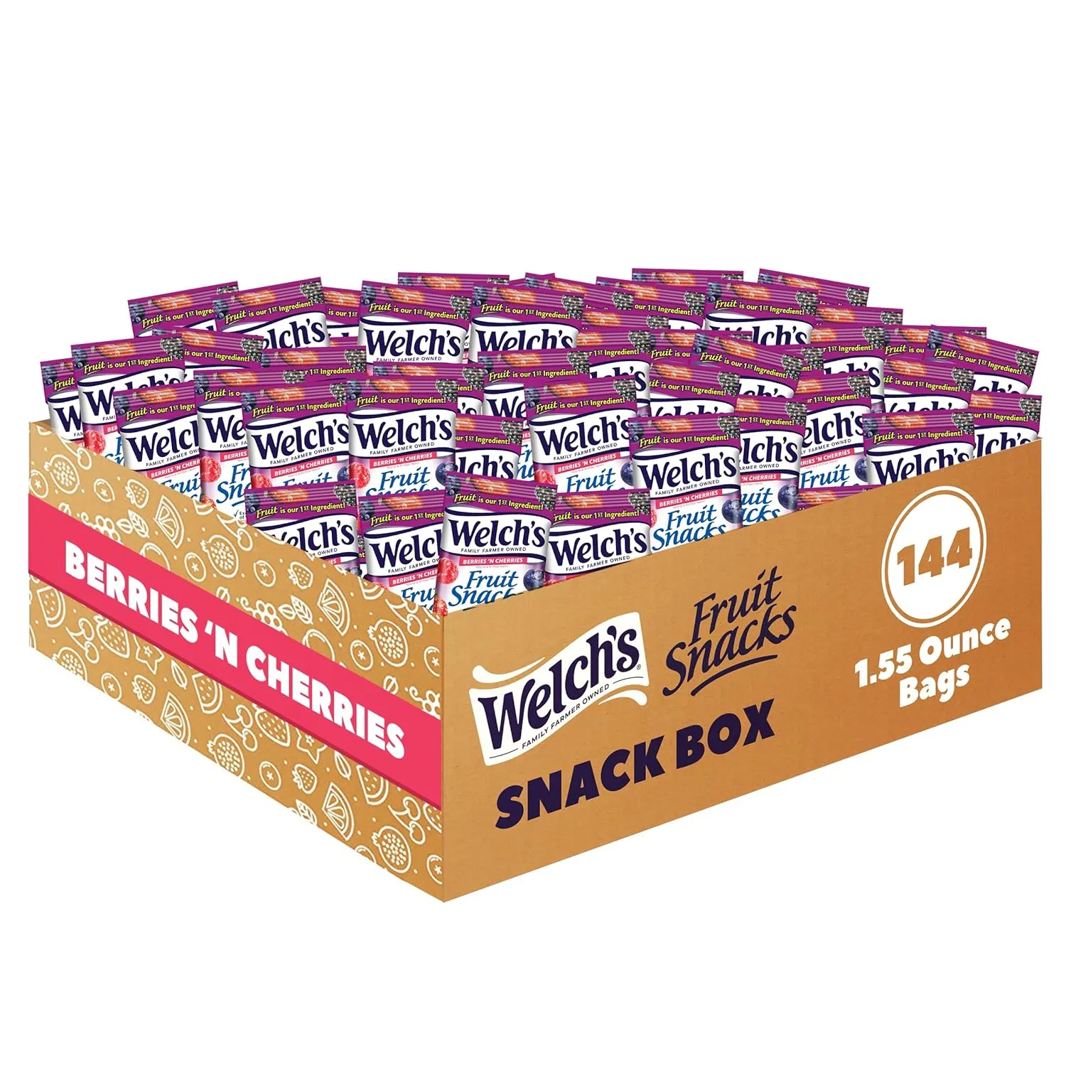 Welch's Fruit Snacks, Berries 'n Cherries, Great for School Lunches, Bulk Pack, Individual Single Serve Bags, 1.55 oz (Pack of 144)