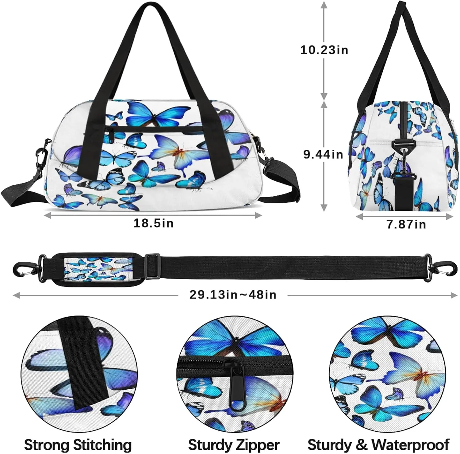 White Blue Butterfly Pattern Kids Duffel Bag Lightweight Waterproof Sports Gym Bag with Front Zipper Pocket Foldable Weekender Overnight Bag for School Practice Gymnastic Ballet