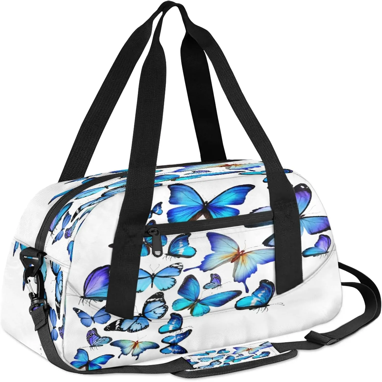 White Blue Butterfly Pattern Kids Duffel Bag Lightweight Waterproof Sports Gym Bag with Front Zipper Pocket Foldable Weekender Overnight Bag for School Practice Gymnastic Ballet