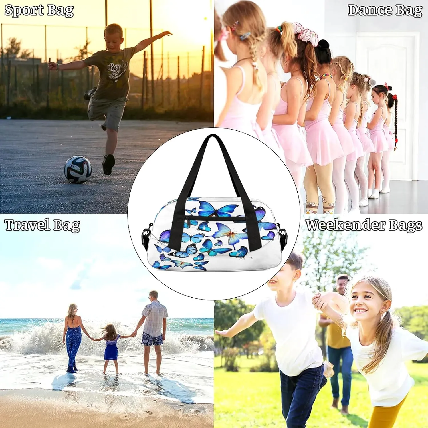 White Blue Butterfly Pattern Kids Duffel Bag Lightweight Waterproof Sports Gym Bag with Front Zipper Pocket Foldable Weekender Overnight Bag for School Practice Gymnastic Ballet