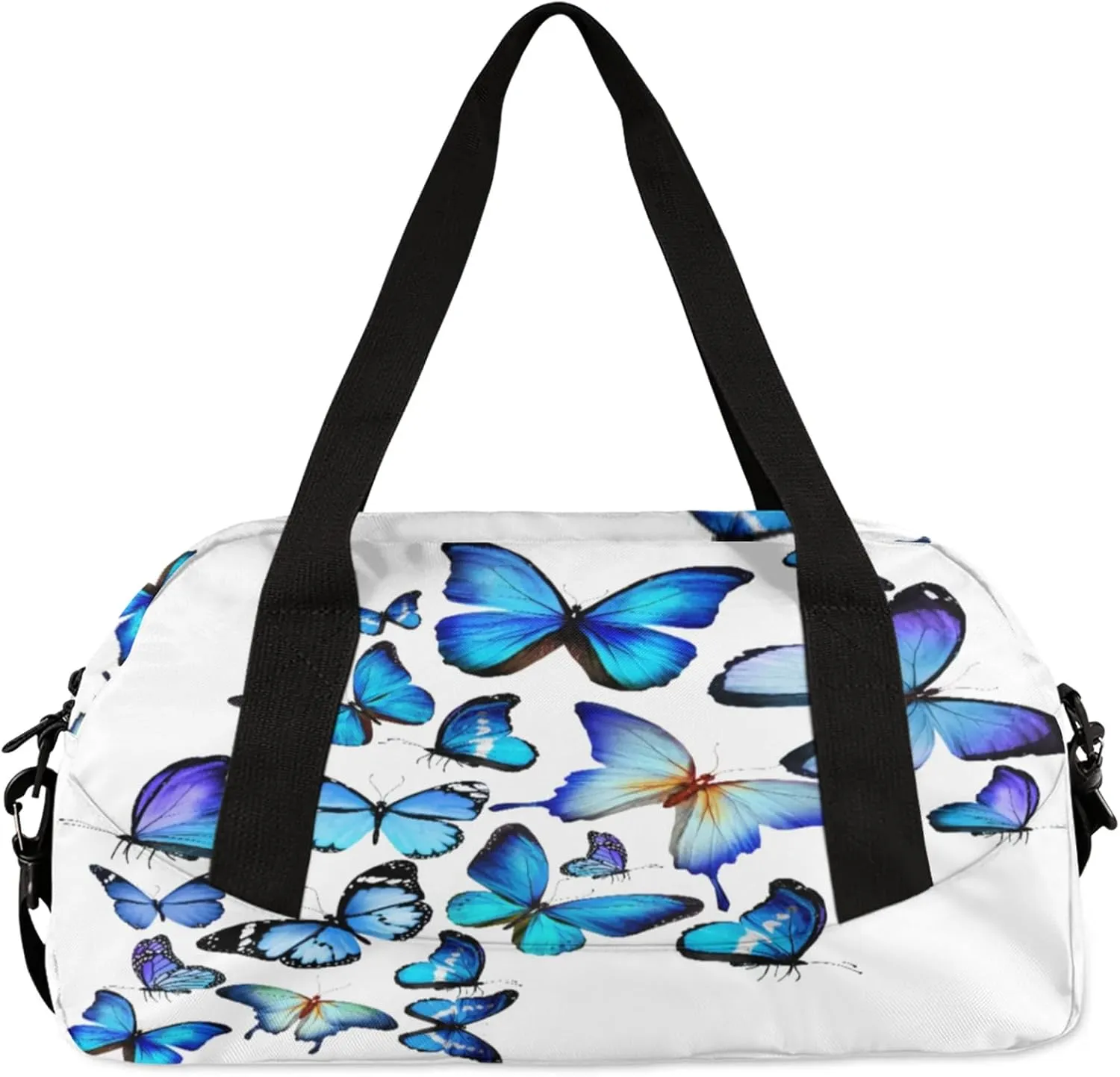 White Blue Butterfly Pattern Kids Duffel Bag Lightweight Waterproof Sports Gym Bag with Front Zipper Pocket Foldable Weekender Overnight Bag for School Practice Gymnastic Ballet