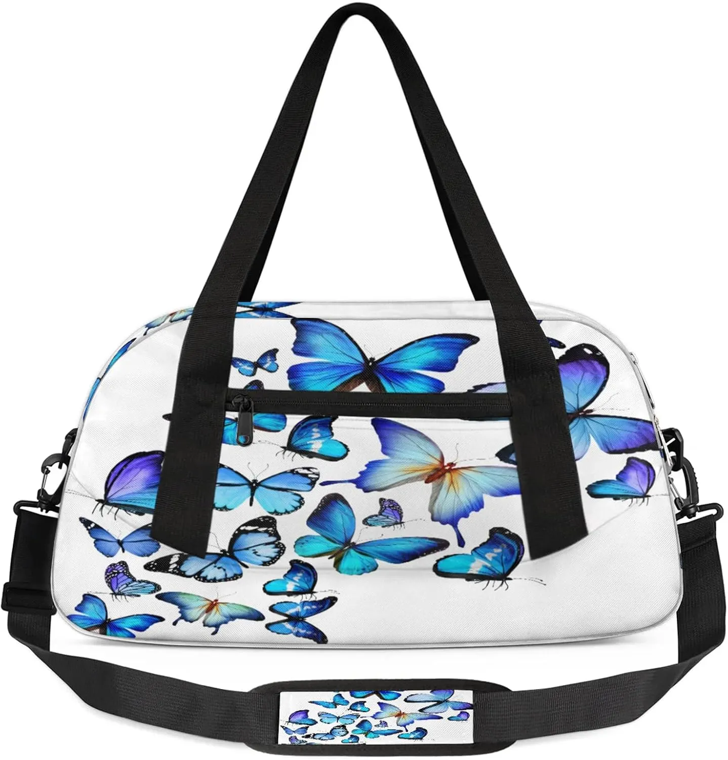 White Blue Butterfly Pattern Kids Duffel Bag Lightweight Waterproof Sports Gym Bag with Front Zipper Pocket Foldable Weekender Overnight Bag for School Practice Gymnastic Ballet