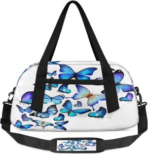 White Blue Butterfly Pattern Kids Duffel Bag Lightweight Waterproof Sports Gym Bag with Front Zipper Pocket Foldable Weekender Overnight Bag for School Practice Gymnastic Ballet