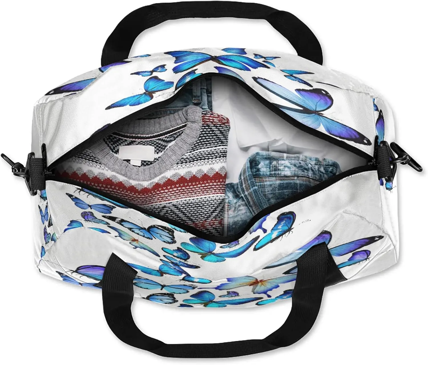 White Blue Butterfly Pattern Kids Duffel Bag Lightweight Waterproof Sports Gym Bag with Front Zipper Pocket Foldable Weekender Overnight Bag for School Practice Gymnastic Ballet