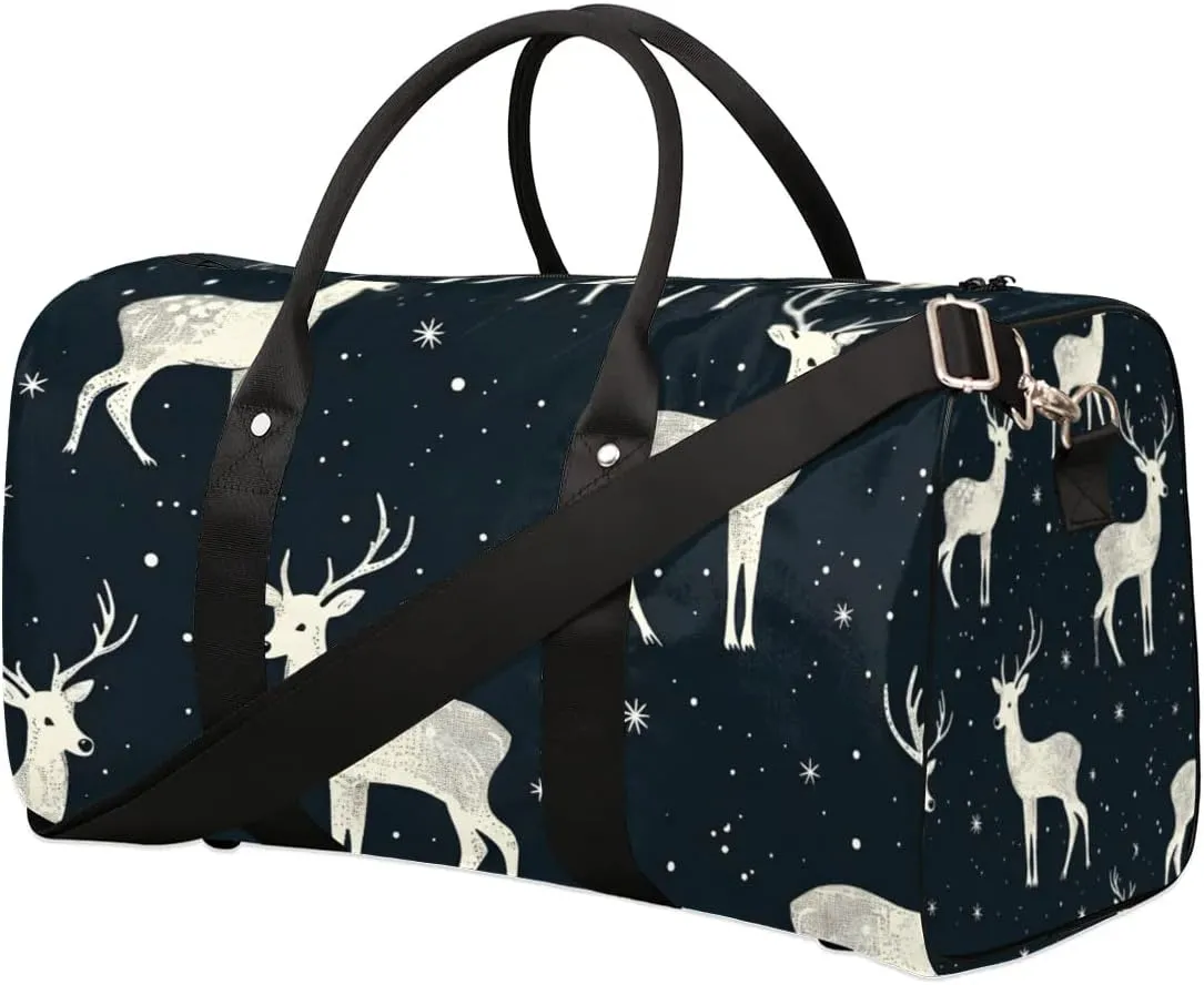 White Elk in Winter Travel Duffel bag for Men Women Weekender Overnight Bag Gym Bag Carry On Luggage Bags for Yoga Workout Sports