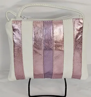 White with metallic pink and purple Zigzag stich Crossbody Handbag#TR3302Bmpp-Z,Purses for girls,women, Genuine Leather.Made in USA