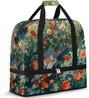 Wildflower Bush Electric Guitar Travel Duffel Bag for Women Men Weekender Overnight Bag with Shoe Compartment Foldable Sports Gym Luggage Bag