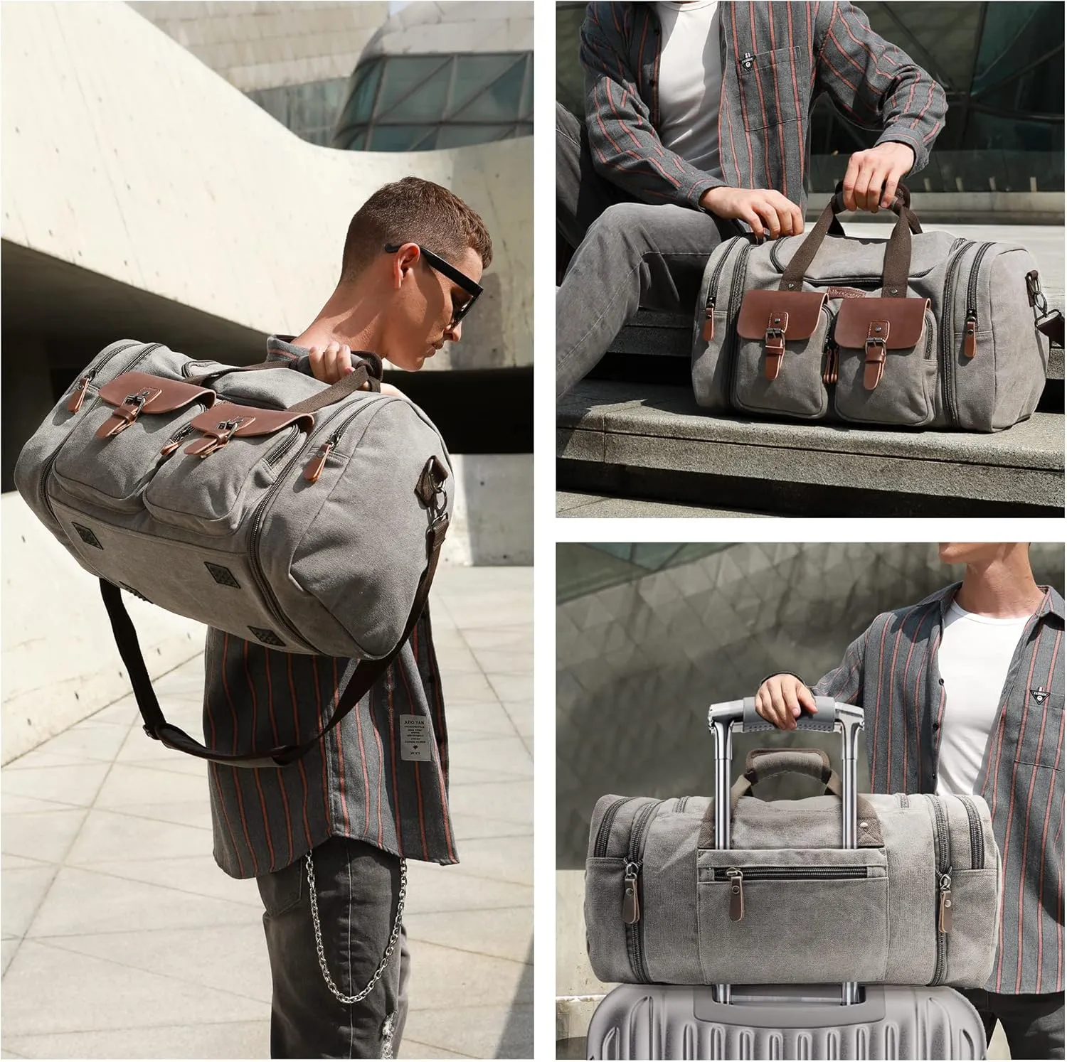 Wildroad 50L Travel Duffel Bag, Expandable Canvas Genuine Leather Duffle Bag Upgraded Overnight Weekender Carry on Bag