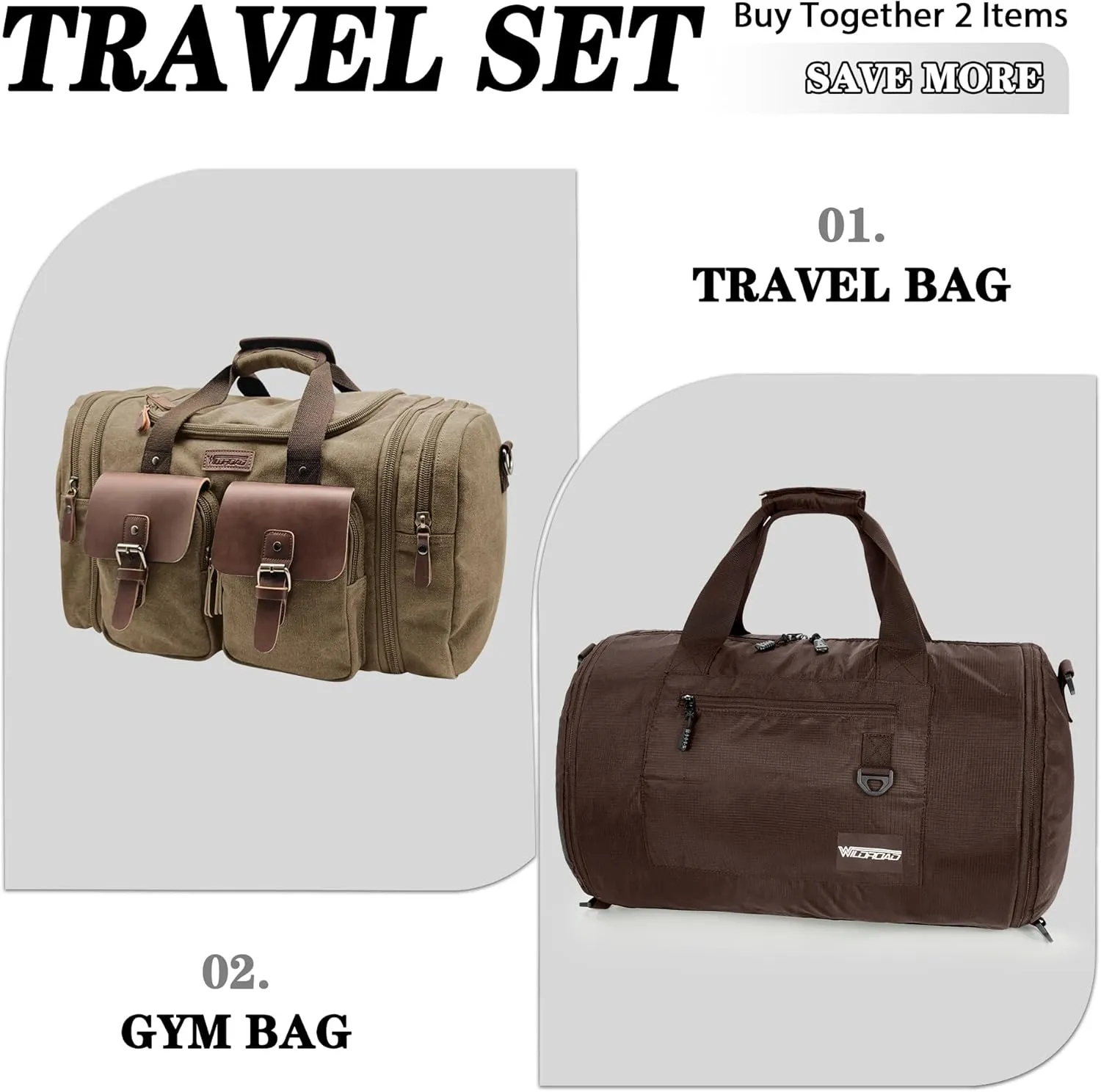 Wildroad Travel Bags for Men, Gym Bag & Duffle Bag for Travel, Carry on Duffel Bag 3 IN 1 Expandable Overnight Weekender Bag (Coffee, Large-50L  Gym Bag)