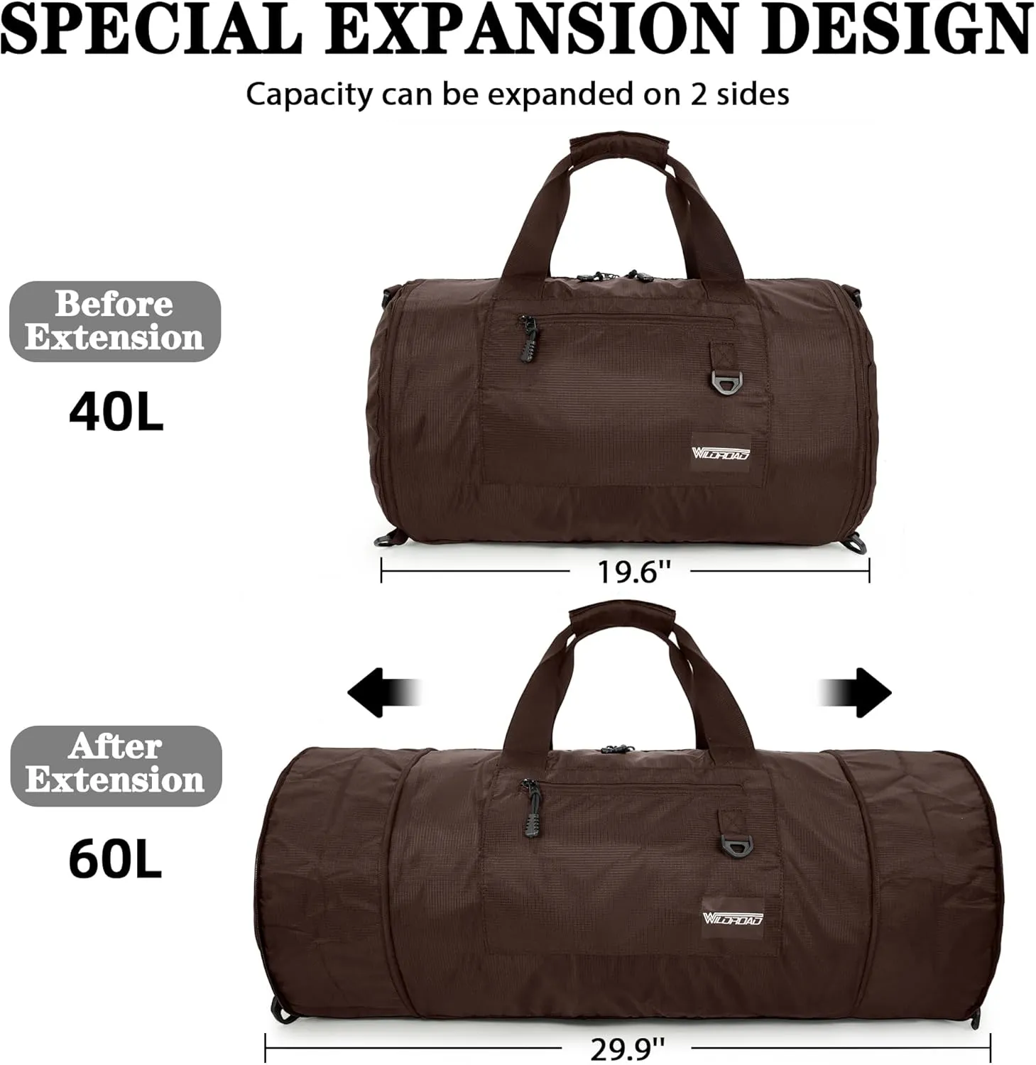 Wildroad Travel Bags for Men, Gym Bag & Duffle Bag for Travel, Carry on Duffel Bag 3 IN 1 Expandable Overnight Weekender Bag (Coffee, Large-50L  Gym Bag)