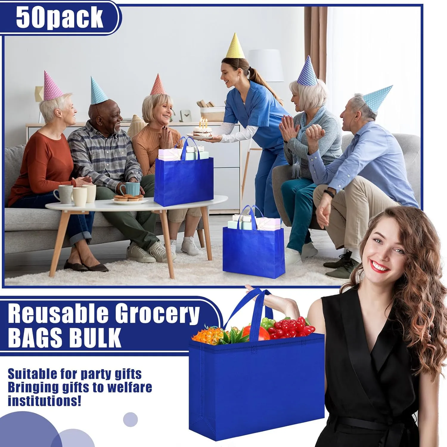 Windyun 50 Pieces Reusable Tote Bags Bulk Non Woven Grocery Tote with Handles Reusable Shopping Bags for Party