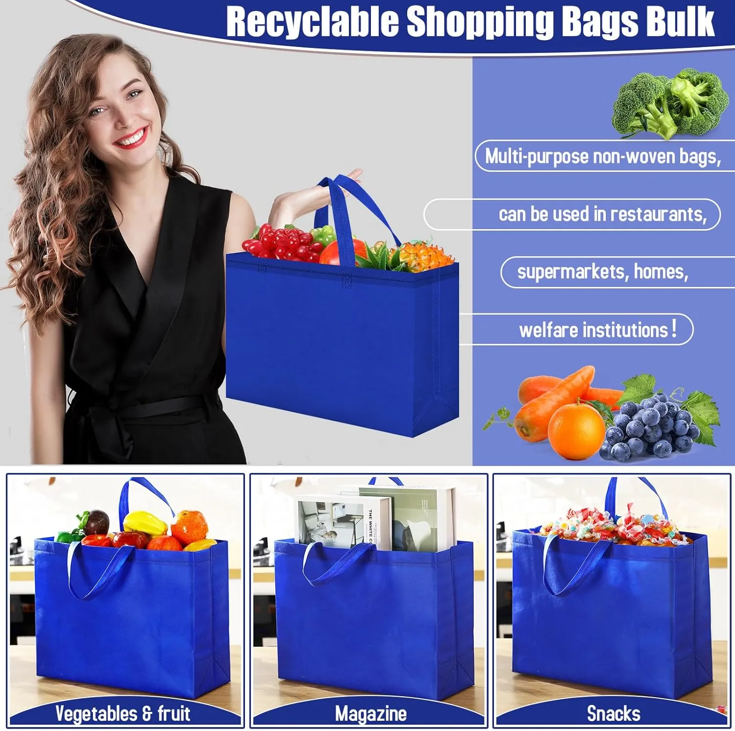 Windyun 50 Pieces Reusable Tote Bags Bulk Non Woven Grocery Tote with Handles Reusable Shopping Bags for Party