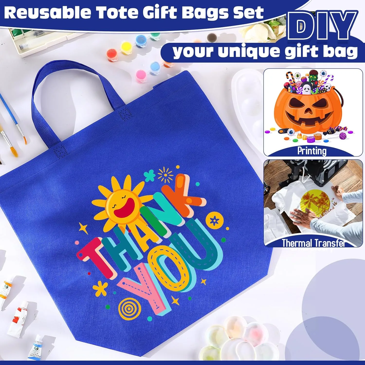 Windyun 50 Pieces Reusable Tote Bags Bulk Non Woven Grocery Tote with Handles Reusable Shopping Bags for Party
