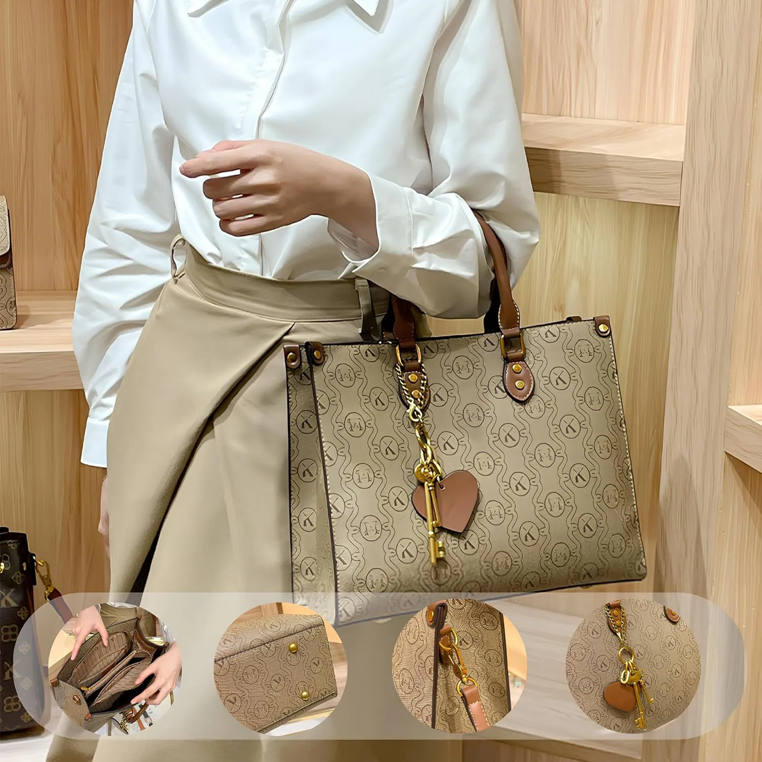 Women's Tote Bag Elegant Multi-Pocket Handbag with Heart Pendant, Spacious & Stylish for Work, Travel & Daily Use