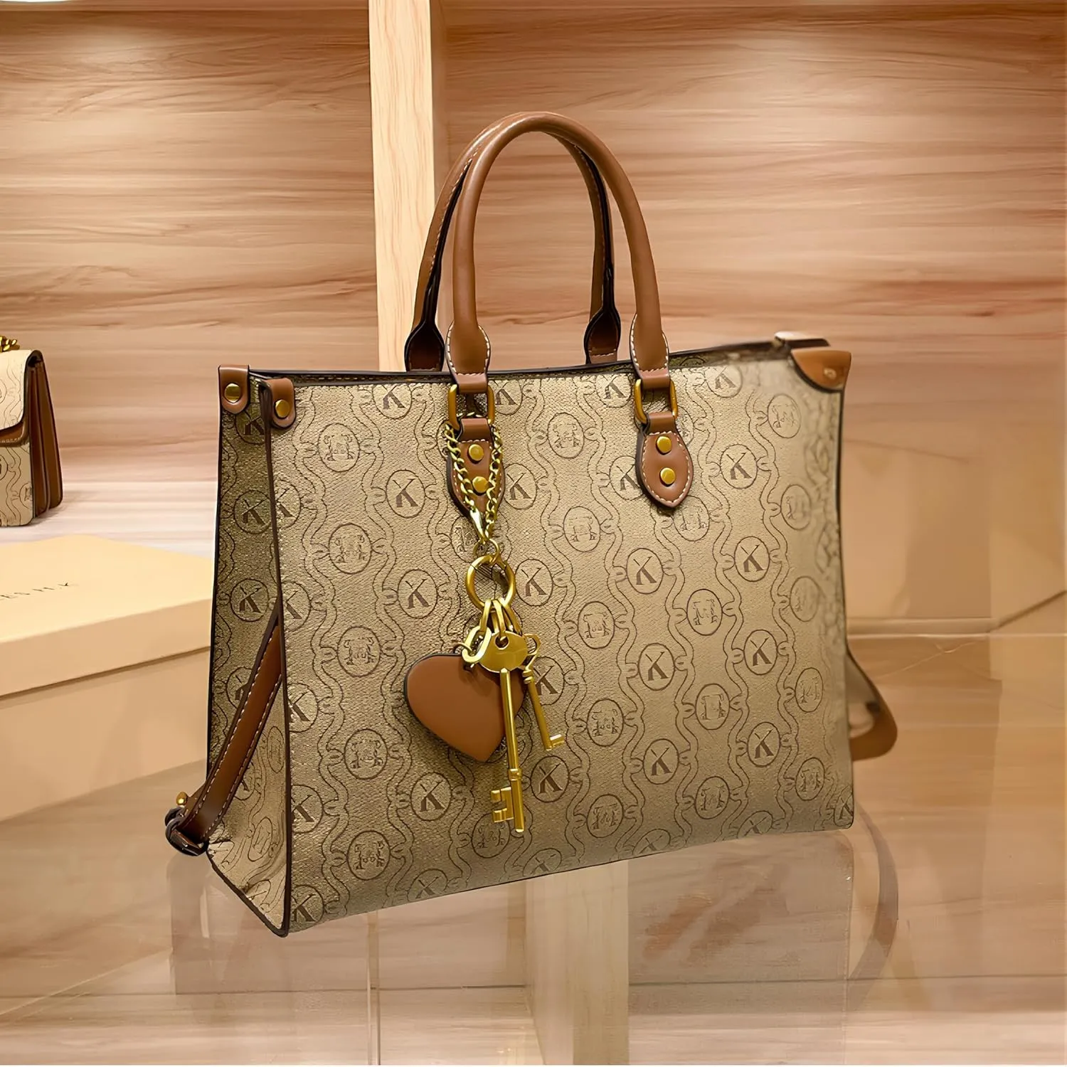 Women's Tote Bag Elegant Multi-Pocket Handbag with Heart Pendant, Spacious & Stylish for Work, Travel & Daily Use