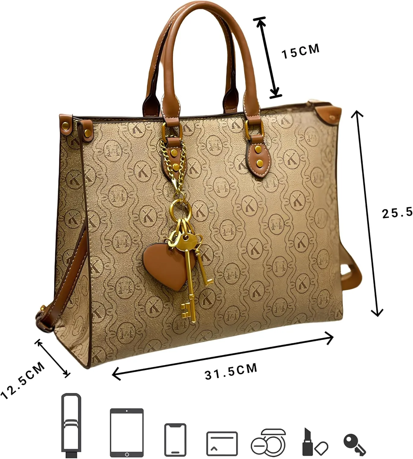 Women's Tote Bag Elegant Multi-Pocket Handbag with Heart Pendant, Spacious & Stylish for Work, Travel & Daily Use