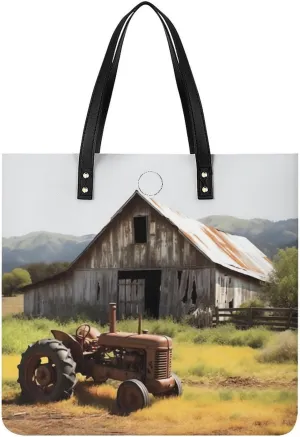 Wooden Barn Rusted Tractor Tote Bag Durable Water-Resistant Handbags Lightweight Tote for Travel Work Book
